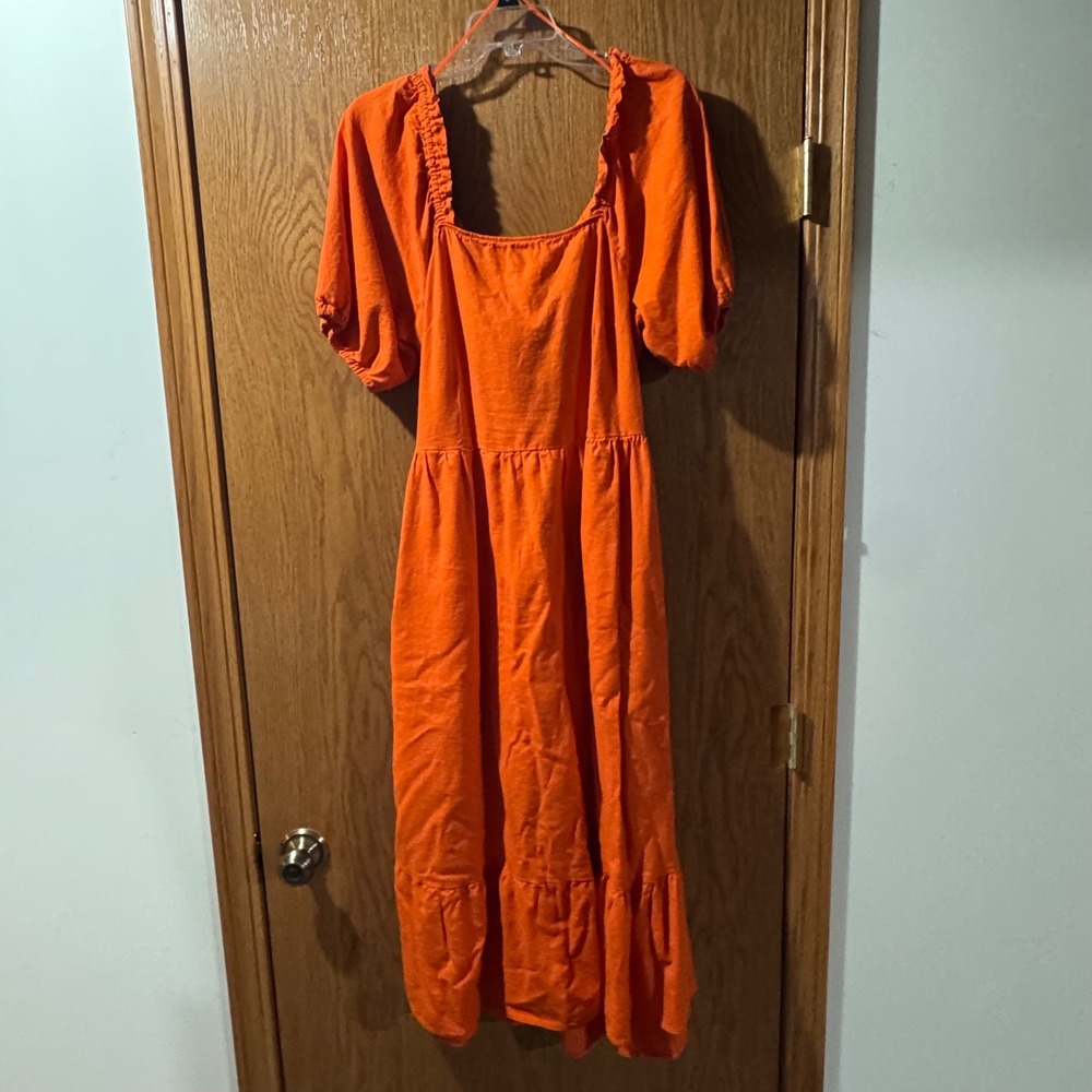 Who What Wear Orange Linen Blend Puff Sleeve Tie Back Midi Dress Large